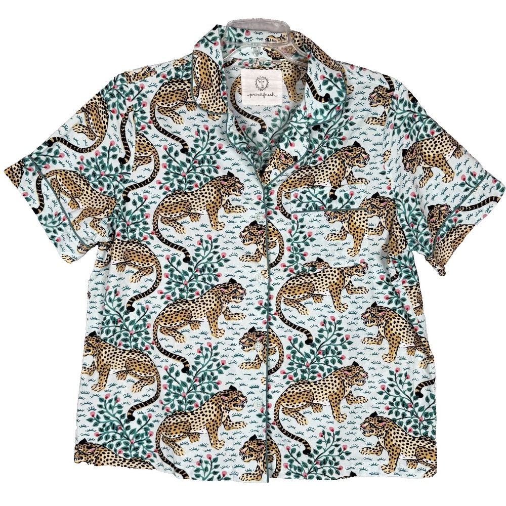 Print Fresh Pajama Top ONLY Womens L Bagheera Leopard Lt BlueAOP Short Sleeve
